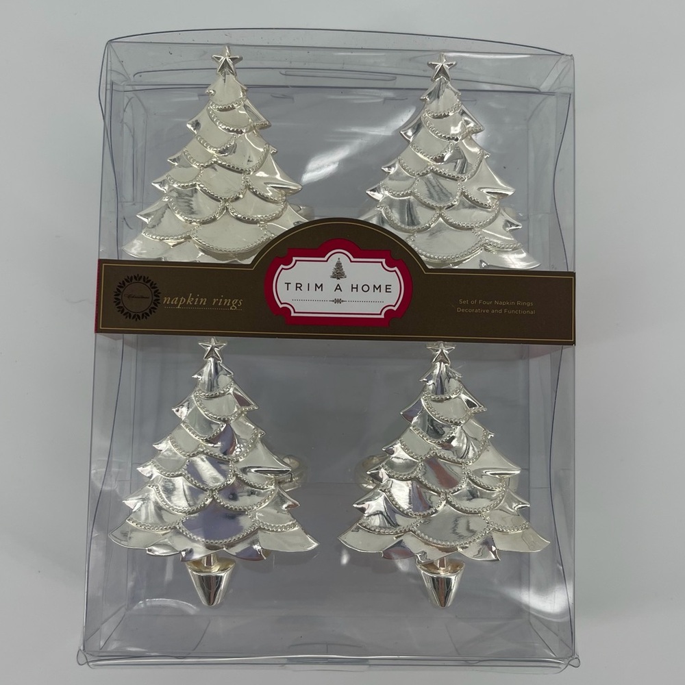 Set of 4 Silver Christmas Tree Napkin Rings, 100% Zinc Alloy, New in Box